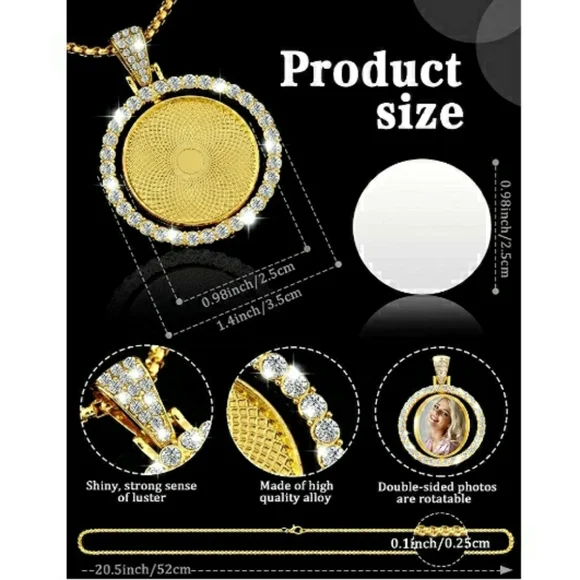 Double Sided Rhinestone Circle Photo Pendant in White Rose & Gold - Picture 4 of 5